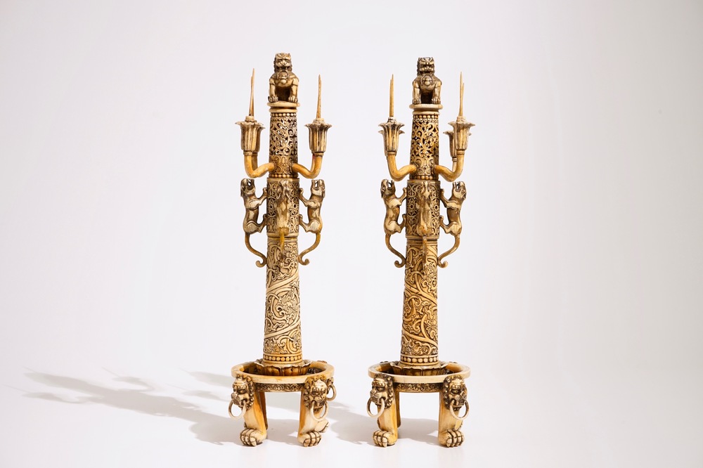 An exceptional pair of large Chinese reticulated ivory candlesticks, 18/19th C.