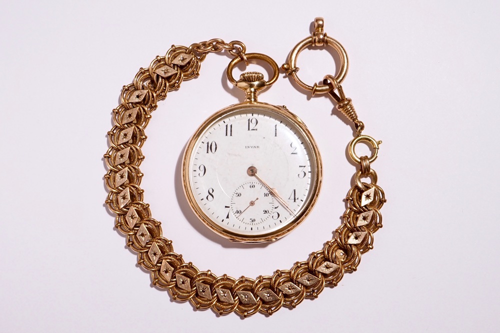 Un montre de poche en or 14 K dans sa bo&icirc;te d'origine, Invar, Suisse, d&eacute;but du 20&egrave;me