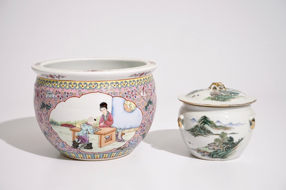 A Chinese qianjiang cai food bowl and cover and a famille rose flowerpot, 19/20th C.