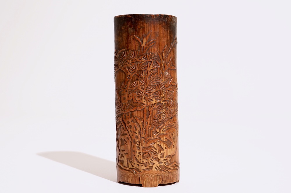 A Chinese carved and inscribed bamboo brush pot, 19/20th C.