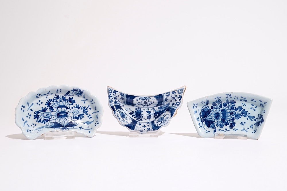 Two English Delft condiment plates and a German N&uuml;rnberg example, 18th C.