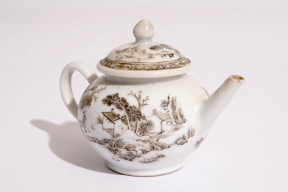 A Chinese grisaille miniature teapot with a landscape design, Yongzheng