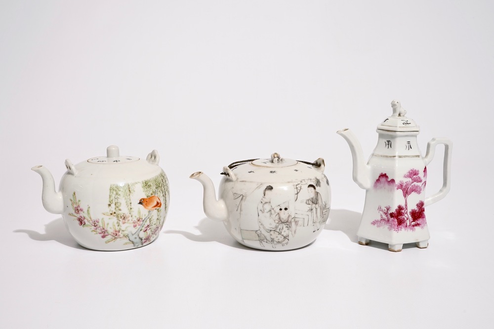 Two Chinese qianjiang cai teapots and a wine jug, 19/20th C.
