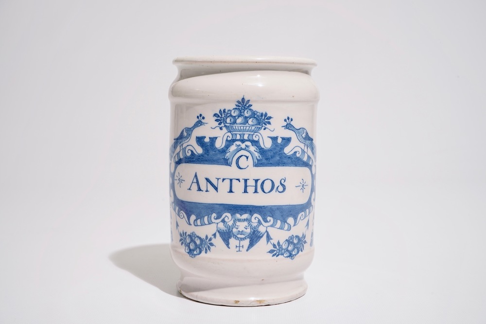 A Dutch Delft blue and white albarello-shaped pharmacy drug jar, 18th C.