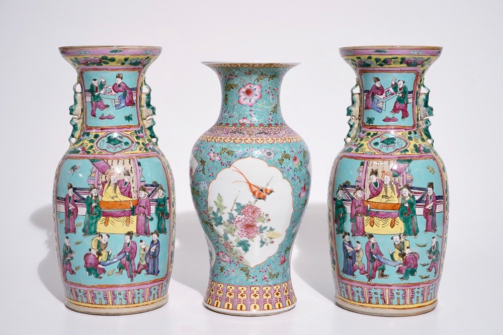 A pair of Chinese famille rose on turquoise ground vases, 19th C., and a vase with Qianlong mark, 20th C.