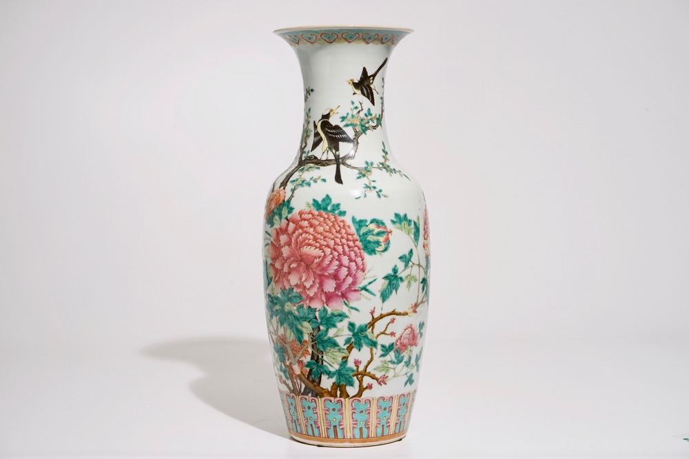 A Chinese famille rose vase with birds among peonies, 19th C.