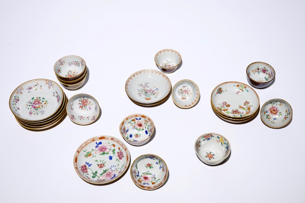 Eleven Chinese famille rose on capucin brown ground cups and saucers, Qianlong