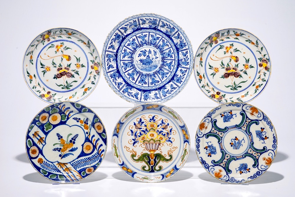 Six Dutch Delft blue and white and polychrome plates, 18th C.