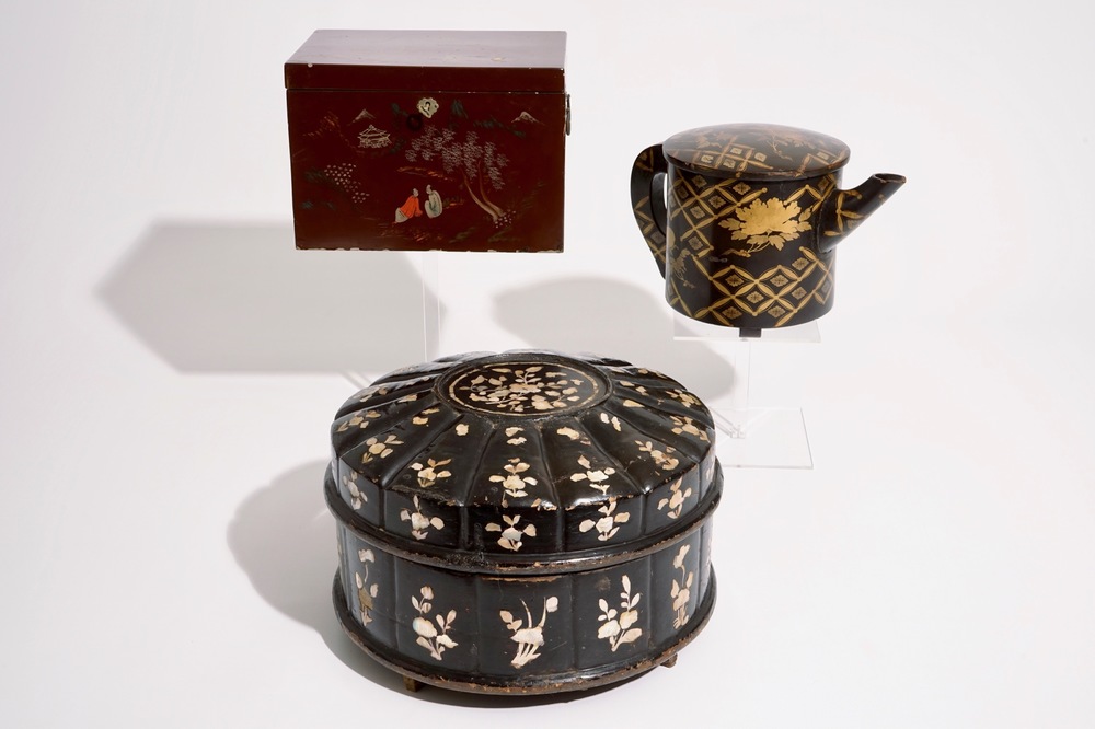 Two Japanese lacquer and mother of pearl boxes and a teapot, Meiji, 19/20th C.