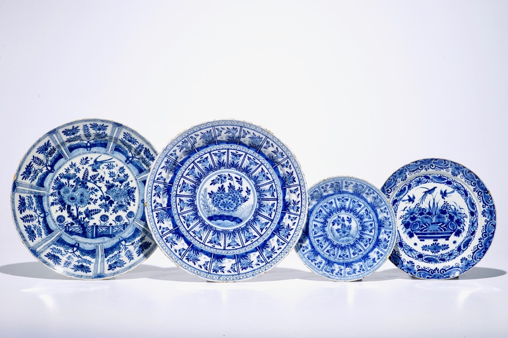 Two Dutch Delft blue and white dishes and two plates, early 18th C.