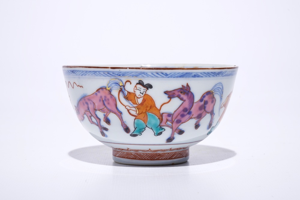A Chinese Dutch decorated Amsterdams bont bowl with horses, Kangxi