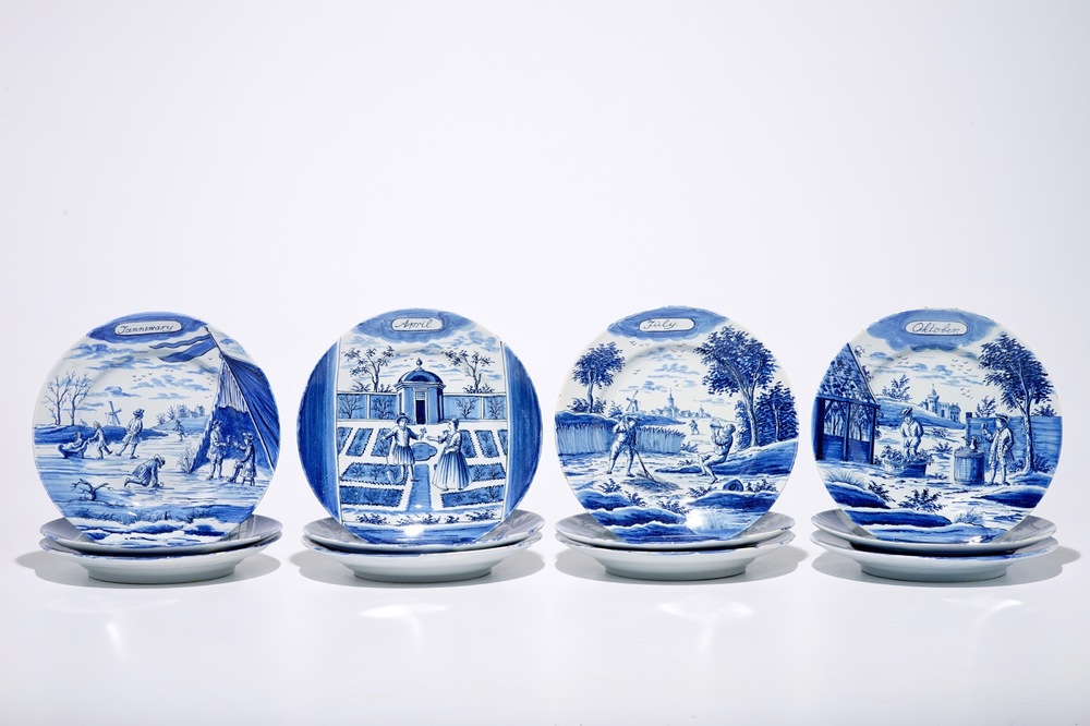 A complete series of twelve Dutch Delft blue and white month plates, Makkum, late 19th C.