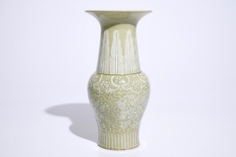 Th&eacute;odore Deck (1823-1891), attr., a slip-decorated celadon chinoiserie yenyen vase, France, 19th C.