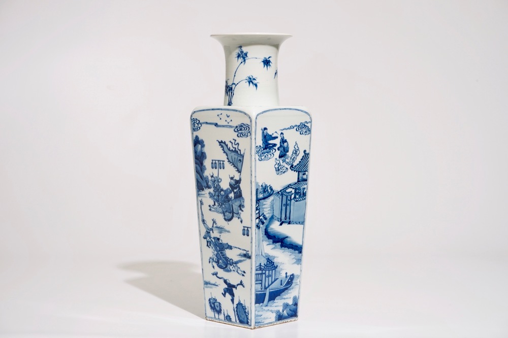 A Chinese blue and white tapering square-section vase, Kangxi mark, 19/20th C.