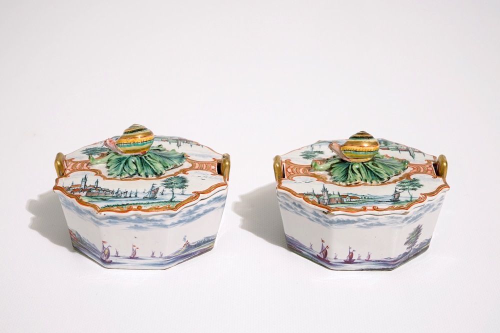 A fine pair of Dutch Delft polychrome petit feu butter tubs with snail-shaped finials, 18th C.