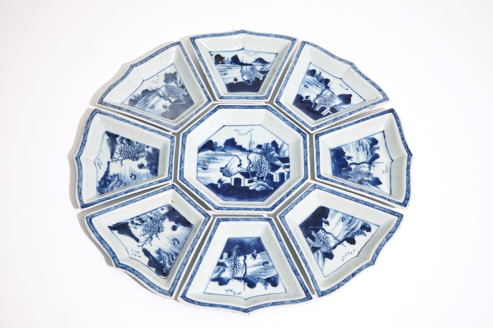 A complete nine-piece Chinese blue and white sweetmeat set, 19th C.