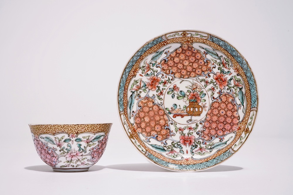 A Chinese famille rose cup and saucer with floral design, Yongzheng