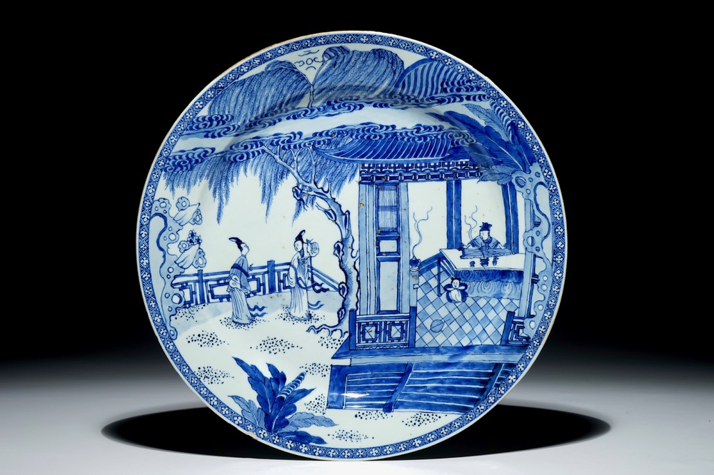 A Chinese blue and white charger with a scene from &quot;The Romance of the Western Chamber&quot;, Yongzheng