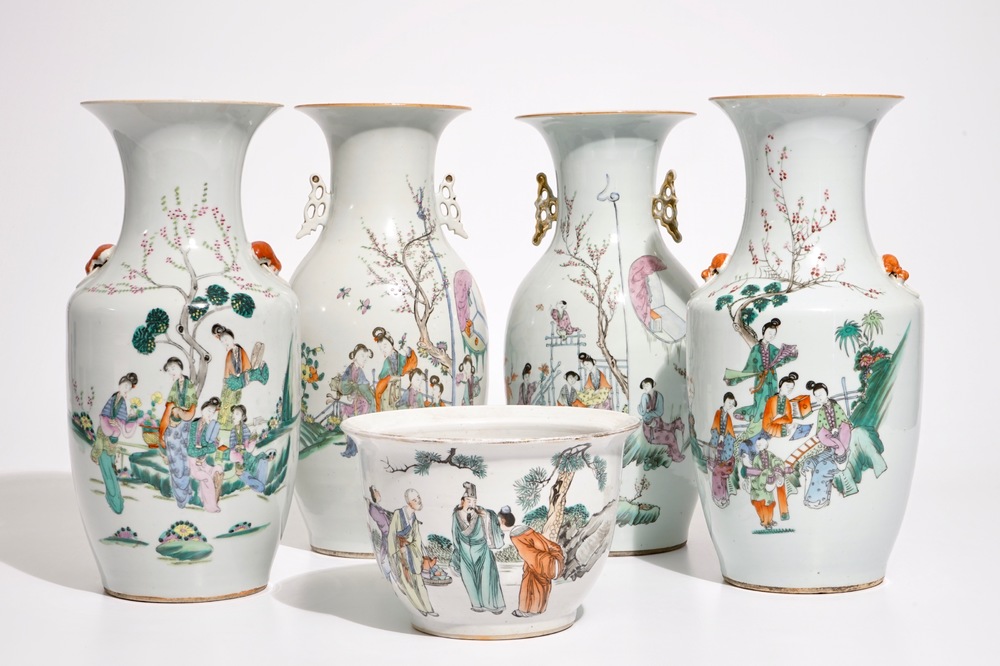 Four Chinese famille rose vases and a qianjiang cai flower pot, 19/20th C.