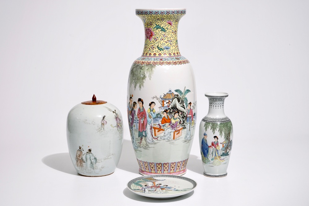 Two Chinese famille rose vases, a ginger jar and a plate, 19/20th C.