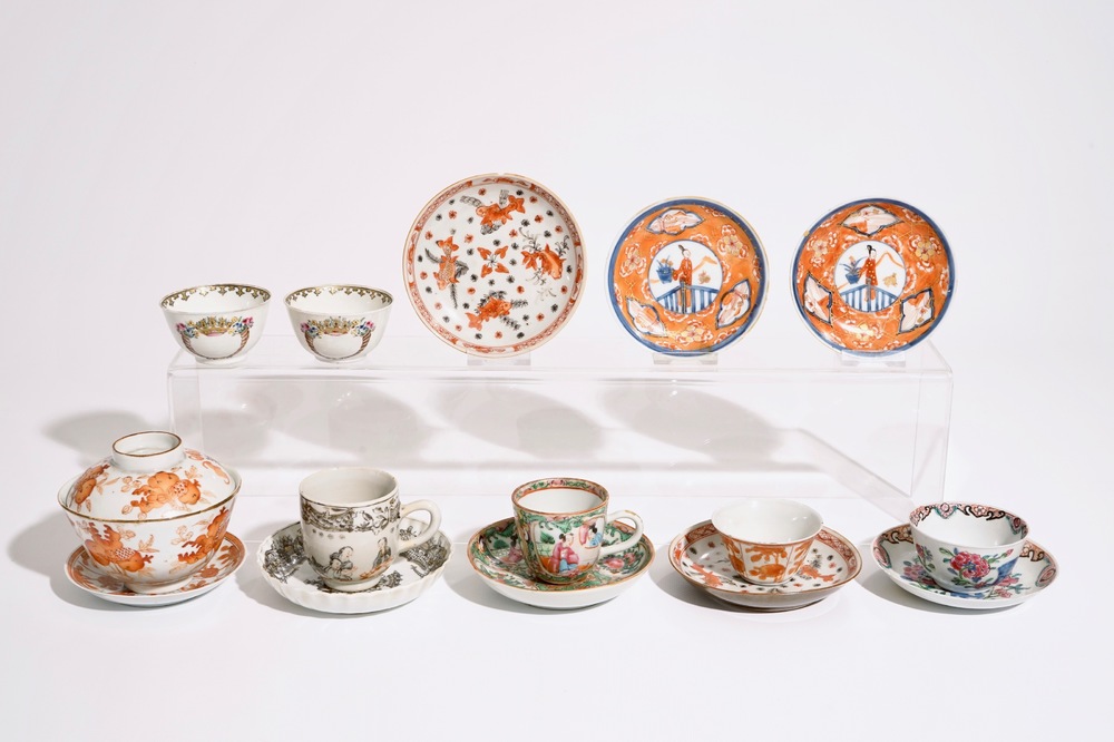 A varied lot of Chinese famille rose and iron red cups and saucers, 18/19th C.