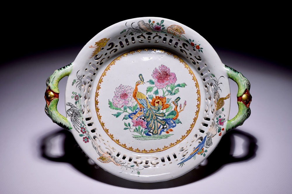 A Dutch Delft polychrome petit feu reticulated basket with Chinese famille rose example, 18th C.