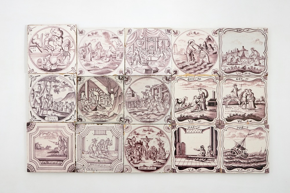 A set of 15 manganese Dutch Delft biblical tiles, 18/19th C.