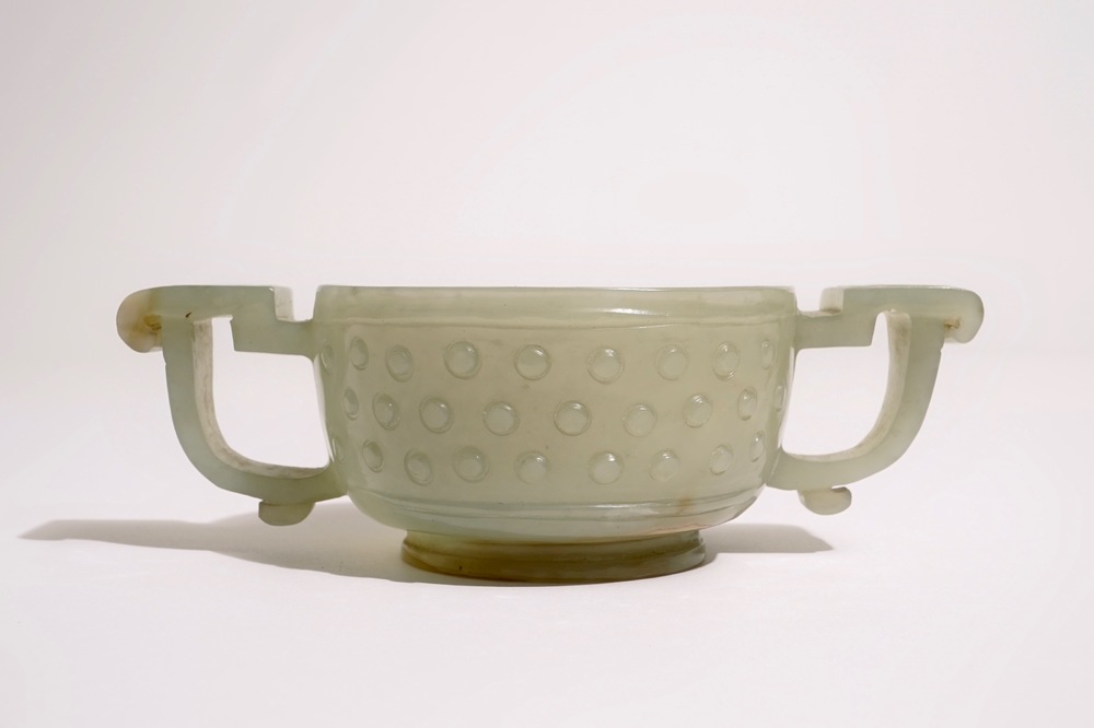 A Chinese pale celadon jade two-handled bowl, 19th C.