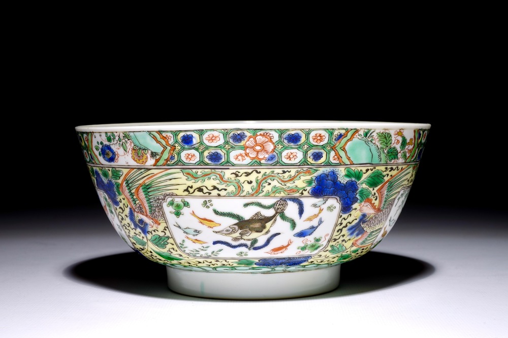 A Chinese famille verte bowl with fish and phoenixes, Kangxi