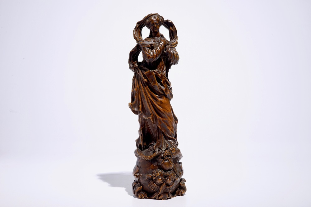 A Flemish carved boxwood figure of Madonna, Antwerp, 16/17th C.