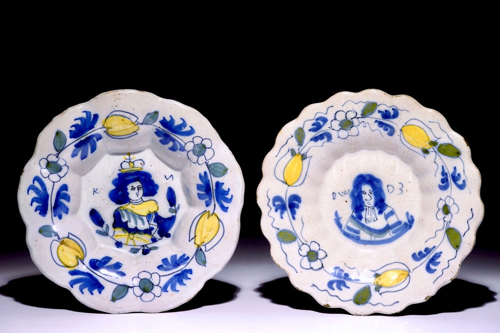 A pair of polychrome Dutch Delft plates with portraits of William and Mary, 17th C.