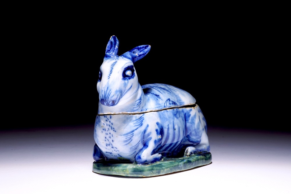 A small polychrome Dutch Delft tureen in the shape of a hare, 18th C.