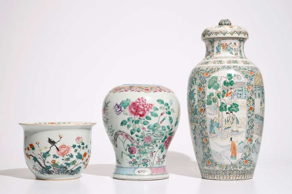 A Chinese Canton famille verte vase, a famille rose flowerpot and a baluster vase, 18/19th C