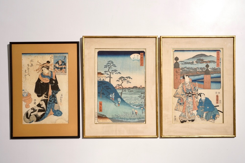 Drie ingekaderde Japanse houtsnedes, Edo/Meiji, 19e eeuw