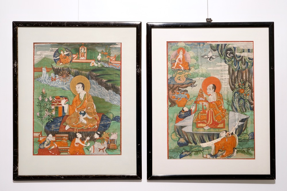 Twee fijne thangka's, Tibet of Nepal, 18/19e eeuw