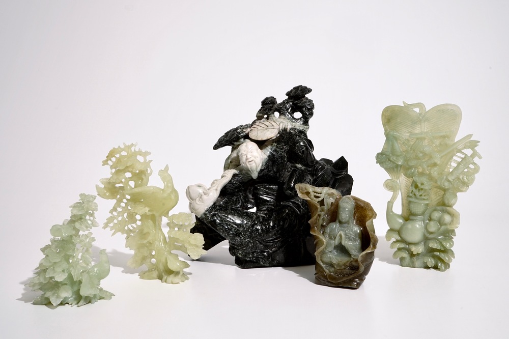 Five Chinese carved jadeite groups, 20th C.