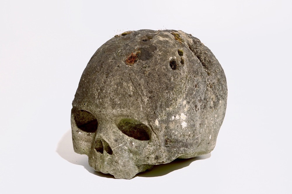 A carved limestone model of a skull or Memento Mori, 16th C.