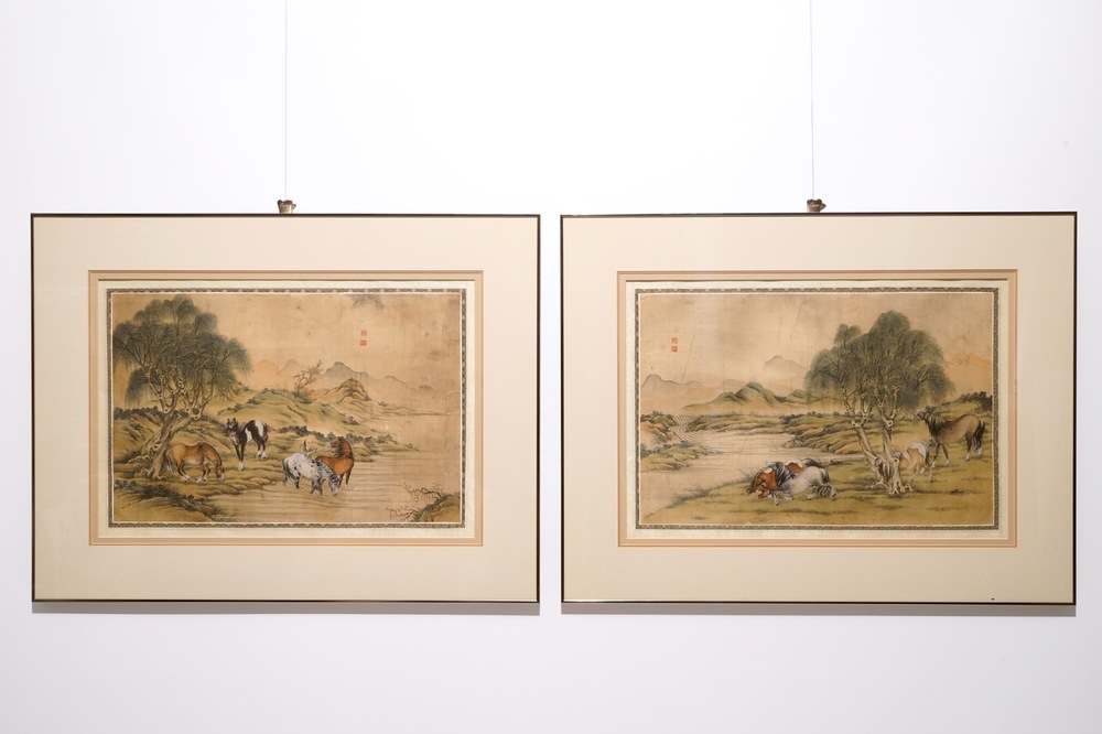 Een paar Chinese schilderijen op zijde met decor van &ldquo;De acht paarden van Mu Wang&rdquo;, 19/20e
