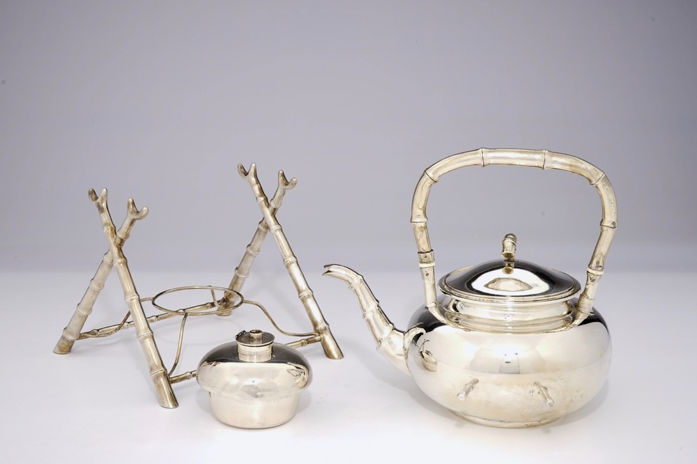 A Chinese silver tea kettle on stand and burner, mark of Wang Hing, ca. 1900