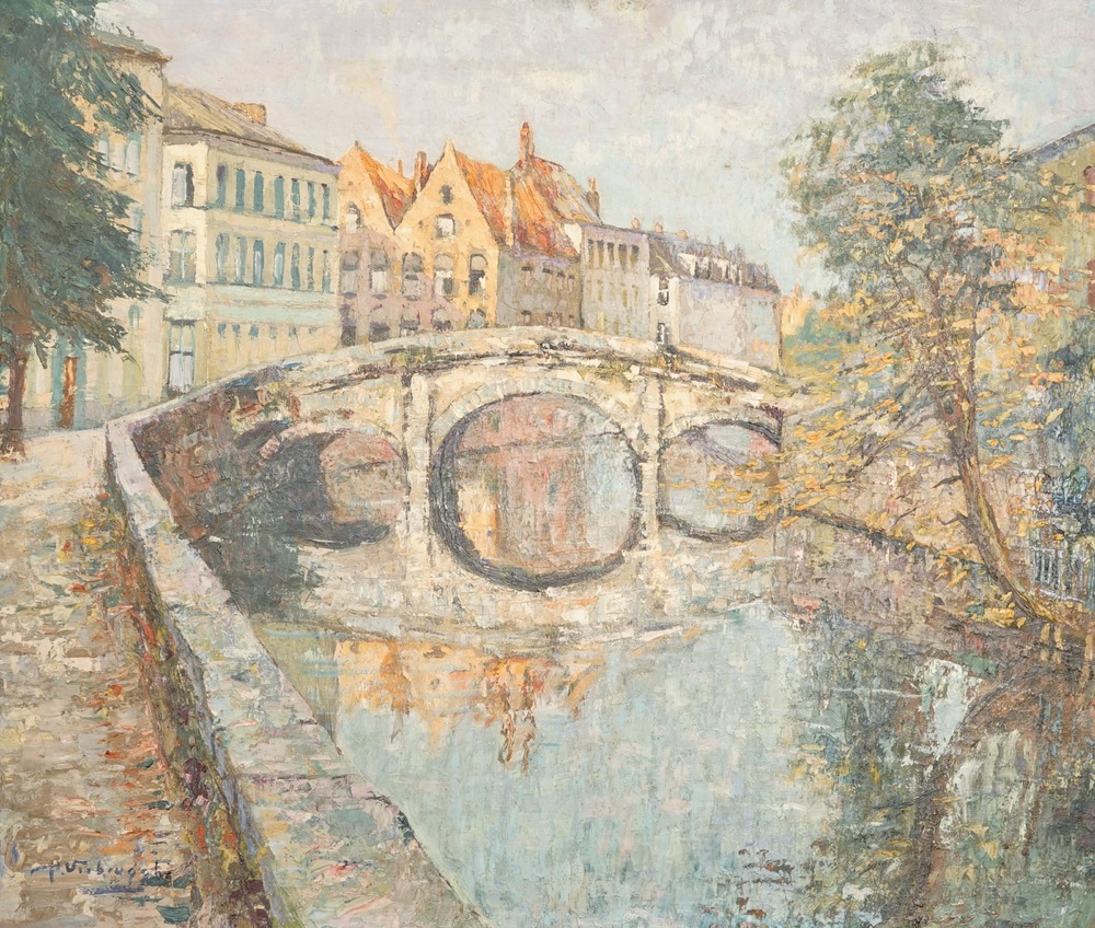 Charles Verbrugghe (1877-1974), Une vue sur le pont d'Augustins &agrave; Bruges, huile sur panneau