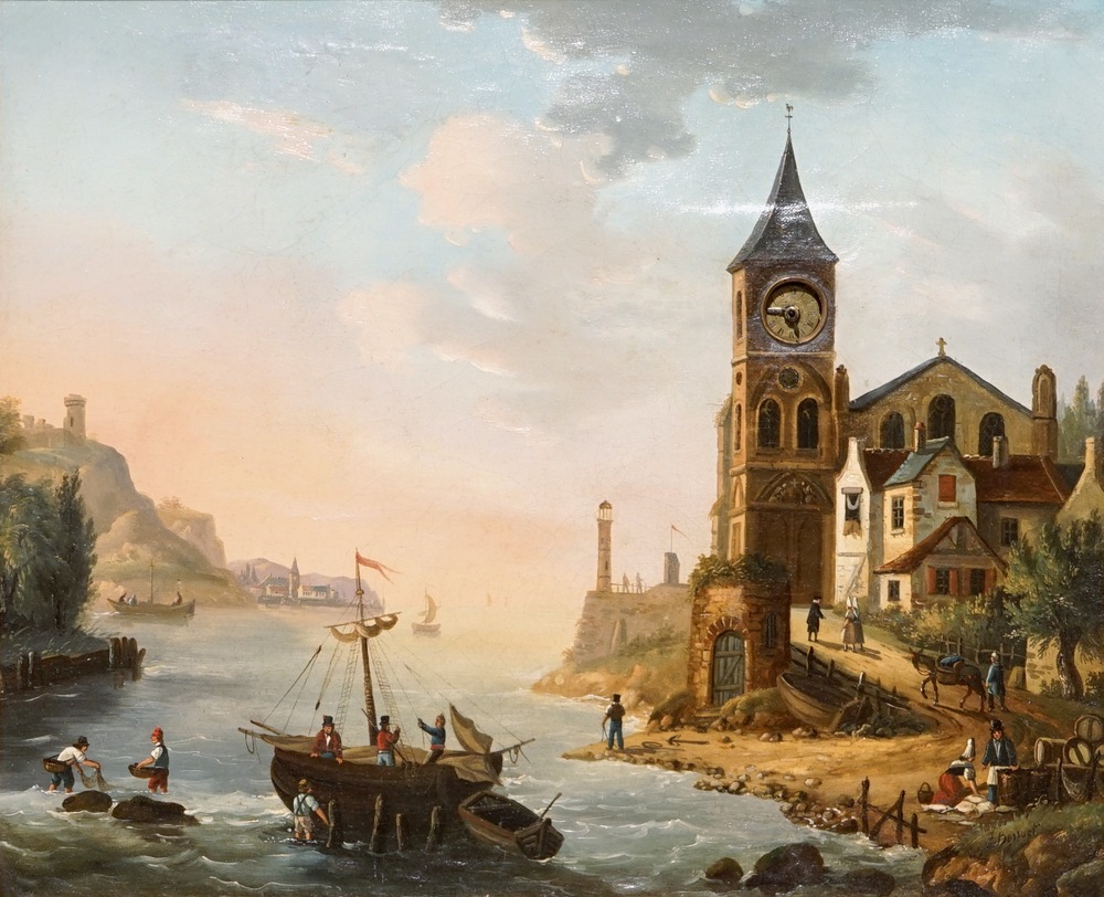 Un tableau-horloge d'un vue de port, sign&eacute; Bossuet, huile sur toile, mouvement int&eacute;rieur par Bordier, Gen&egrave;ve, 19&egrave;me