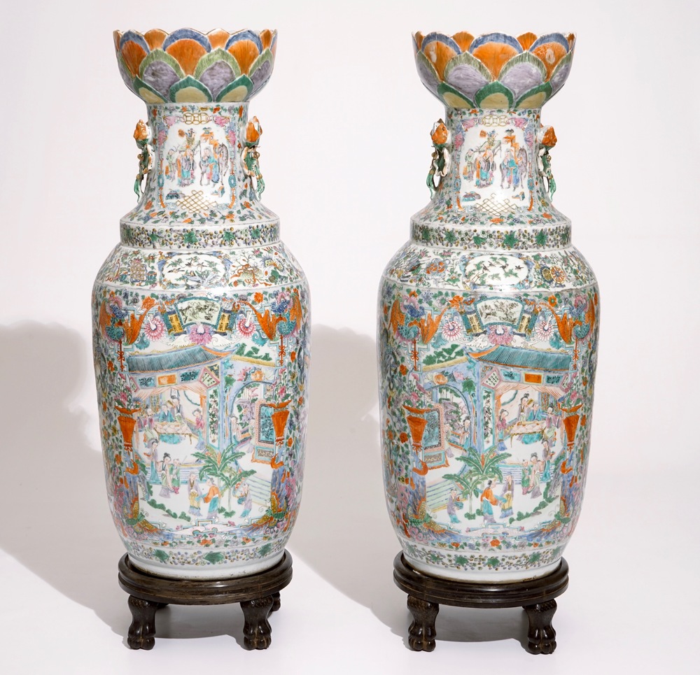 A pair of very large Chinese Canton rose-verte vases with lotus-shaped mouths, 19th C.