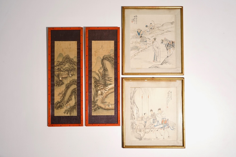 Quatre tableaux chinois encadr&eacute;s, 19/20&egrave;me