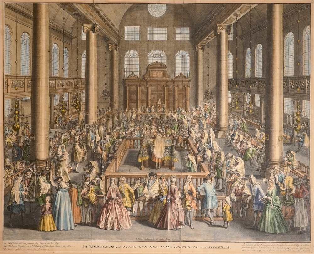 Bernard Picart, &quot;Inwijding van de Portugese synagoge te Amsterdam&quot;, handingekleurde kopergravure, 1724-1737
