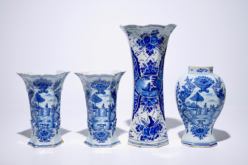 A Dutch Delft blue and white three-piece garniture and a large singular vase, 18th C.