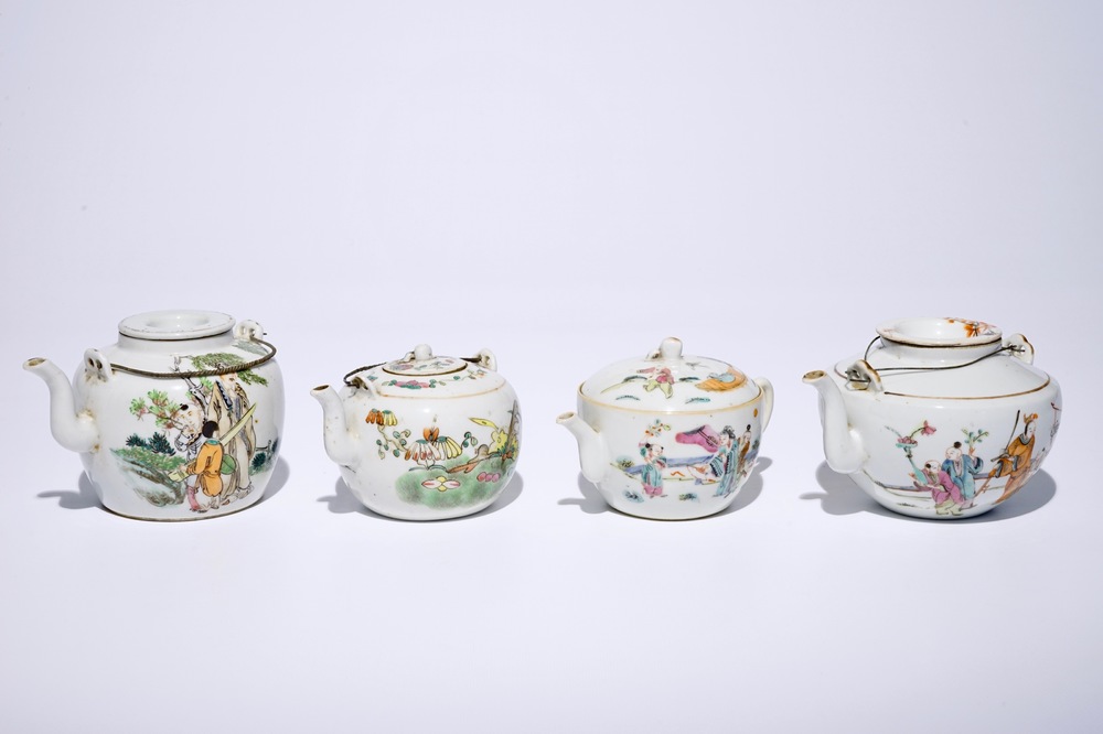 Four Chinese famille rose teapots and covers, 19/20th C.