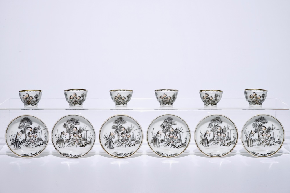 Six Chinese miniature grisaille cups and saucers with jesuits, Qianlong