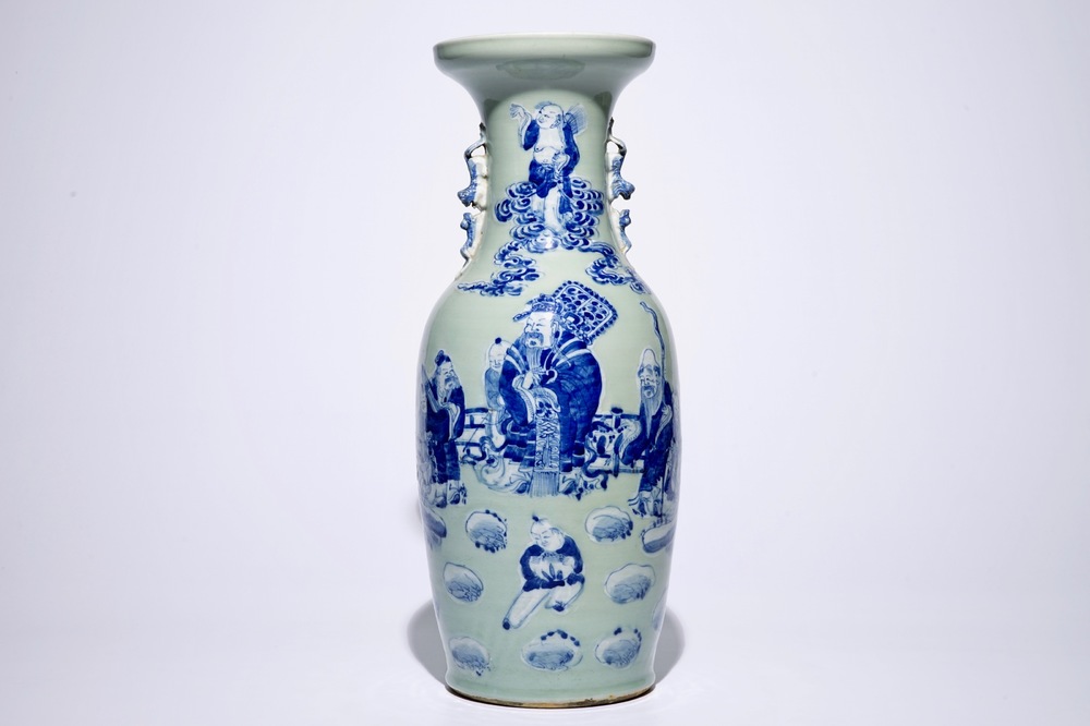 A Chinese blue and white on celadon ground &quot;Immortals&quot; vase, 19th C.