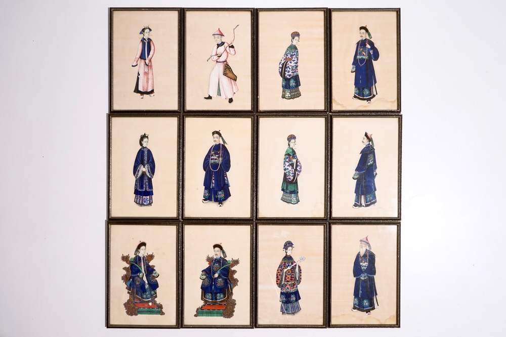Twelve fine Chinese rice or pith paper paintings, Canton, 19th C.