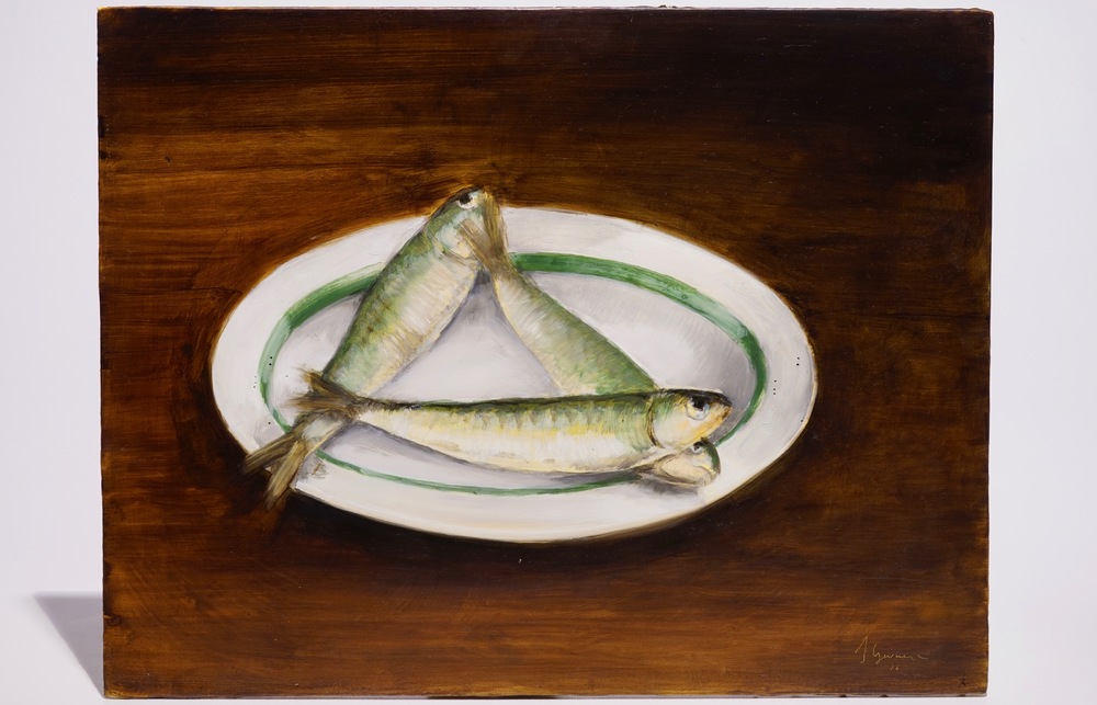 Joost Gevaert, oil on board, a still life with fish, &quot;Flemish Anarchy&quot;, dat. 2016